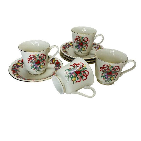 Elegant Vintage Fine China Tea Cup & Saucer Set of 4 Floral Ribbon Gold Trim